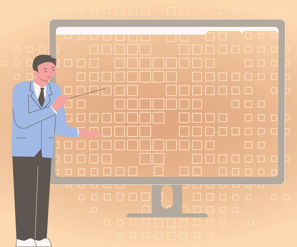 Illustration Of Businessman Standing Firmly Alone Presenting Charts And New Wonderful Ideas On Computer Screen. Employee Using Blazer By Himself Showing Old Amazing Thoughts. - Vector, Image