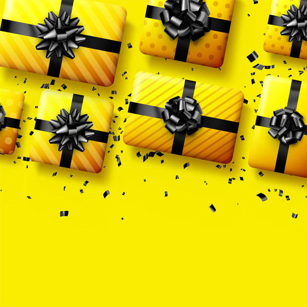 Yellow gift boxes with black bows. Christmas, birthday, Valentine's day present. Space for text. Vector holiday illustration. - Vektor, Bild