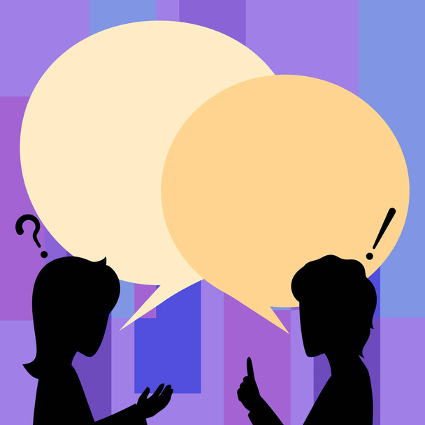 Couple Drawing With A Big Blank Chat Cloud Talking To Each Other Sharing New Amazing Ideas. Partners Drawing Speaking To Large Message Box Arguing One Another. - Vector, Image