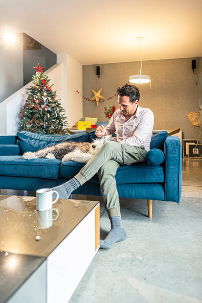 The living room is in Christmas decorations, while a man is sitting on the couch petting his dog. - Foto, imagen