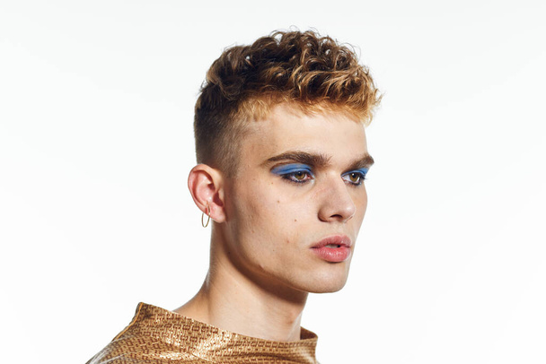 man with bright female makeup posing transgender freedom discrimination - Фото, зображення
