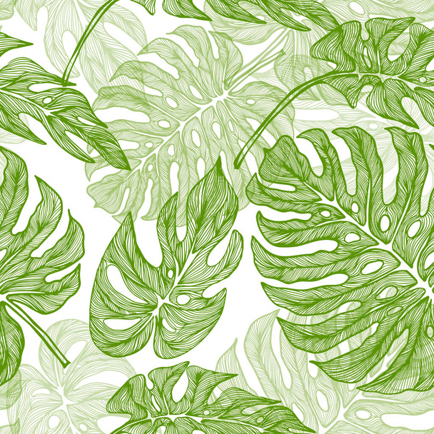 Graphic monstera leaf. Seamless background with jungle leaves. Beautiful hand drawn exotic plants. Vector illustration - Vector, Image