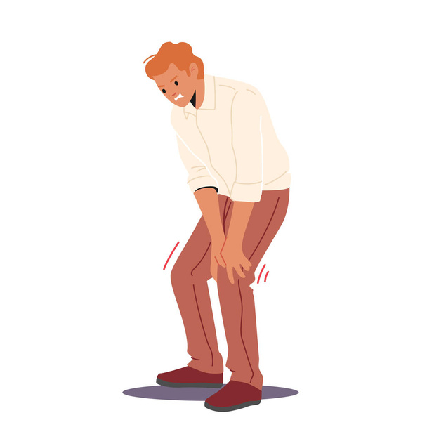 Человек чувствует сильную боль в колене. Мужской характер трогательная нога, проблемы со здоровьем, Симптомы болезни и нездорового тела - Вектор,изображение
