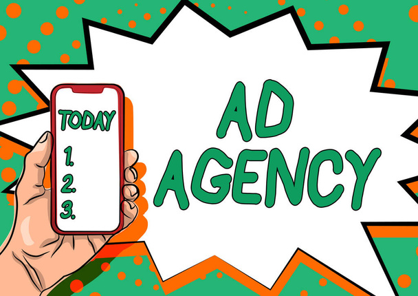 Schreiben Anzeigentext Ad Agency. Business Approach Business widmet sich der Planung und Handhabung von Werbung Anzeigen wichtiger Informationen, Präsentation von Smartphone-Ankündigungen - Foto, Bild
