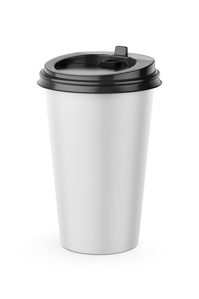 500 ml weiße Einweg-Kaffeepapiertasse mit schwarzem Kunststoffdeckel auf weißem Hintergrund, 3D-Darstellung. - Foto, Bild