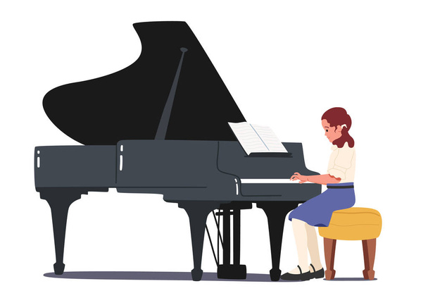 Little Girl Pianista gra kompozycję muzyczną na Grand Piano na orkiestrę symfoniczną lub spektakl operowy na scenie - Wektor, obraz