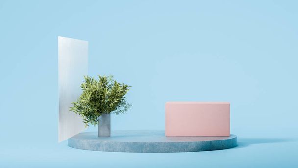 Light blue round and pink square podium displays near glass, plant, pole on light blue background. Empty space. Modern art. 3D rendering. - Foto, Imagem