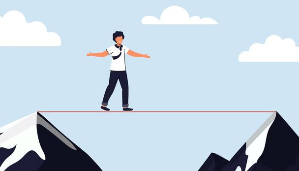 Risicoconcept voor succes Man walking on tight rope symbol vector illustration Business risk and challenge in career path Business project deadline Time management. Beoordeling en controle - Vector, afbeelding