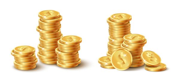 Moedas realistas. Moeda de ouro dólar pilha, moedas de jackpot 3d, prêmio tesouro de ouro, montes de dinheiro - Vetor, Imagem