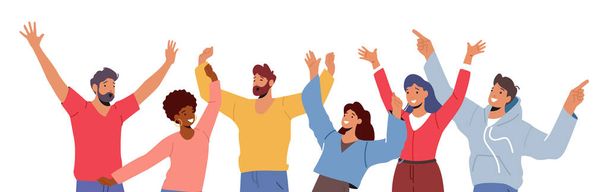 Iloisten ihmisten väkijoukko nostaa ja heiluttaa käsiään Juhli menestystä, nuoria miehiä ja naisia Positiiviset eleet - Vektori, kuva