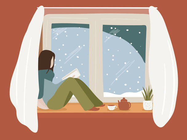 Kobieta czyta książkę siedzącą na oknie, pada śnieg. Przytulne wnętrze domu. Zima sezon koncepcja płaski wektor ilustracja. - Wektor, obraz