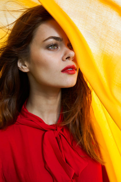 cheerful woman in red dress makeup yellow cloth posing - Fotografie, Obrázek
