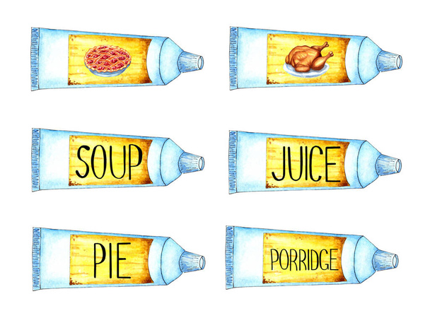 Set van aquarel illustraties van voedsel voor astronauten in buizen. Een eenvoudige witte buis met een geel voedsellabel en voedselfoto 's. Lunch, middagthee, dieet geïsoleerd op wit - Vector, afbeelding