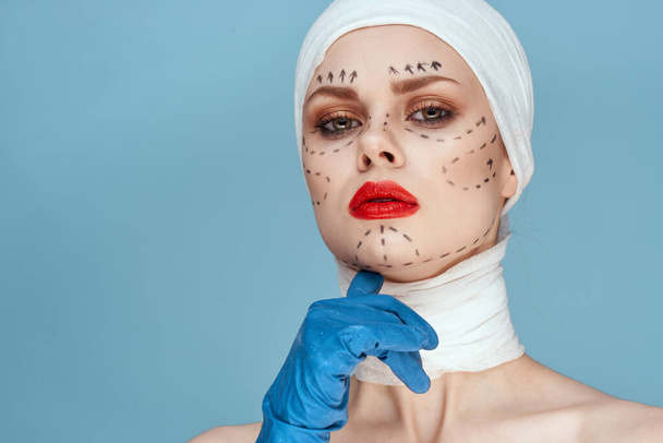 woman Red lips plastic surgery operation bare shoulders isolated background - Foto, afbeelding