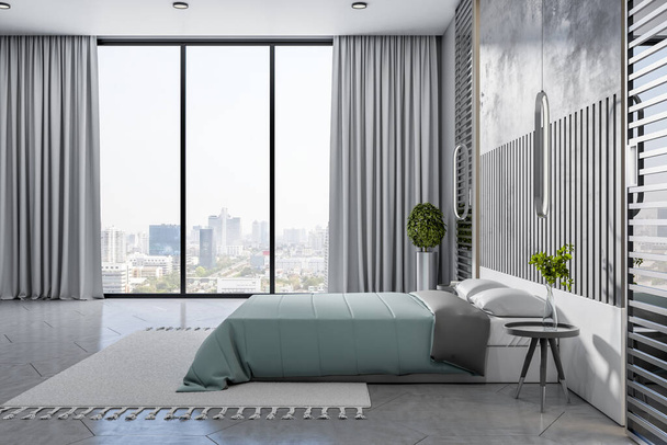 Contemporary concrete bedroom interior with panoramic city view and curtains, daylight, furniture and rug. Design and home concept. 3D Rendering - Foto, Bild