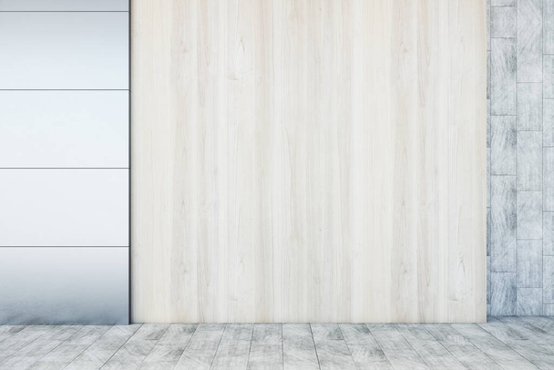 Abstract wooden interior with empty mock up place on concrete tile wall and floor. Exhibition concept. 3D Rendering - Fotoğraf, Görsel