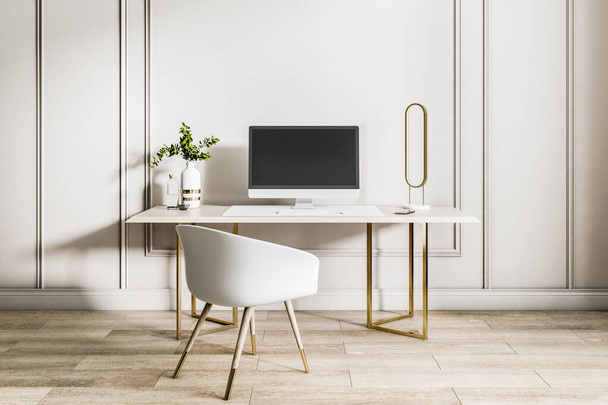 Modern interior with creative designer desktop, empty mock up computer screen, decorative plant and wooden flooring. 3D Rendering - Photo, Image