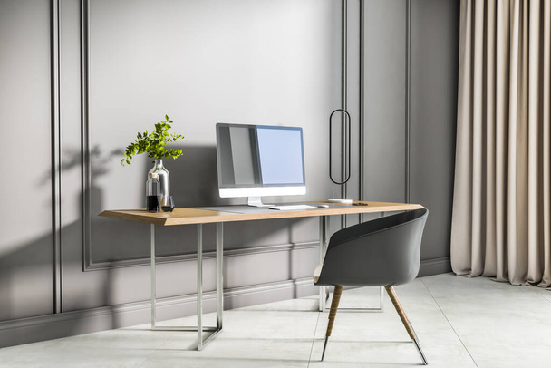 Modern interior with creative designer desktop, computer screen, decorative plant and concrete flooring. 3D Rendering - Fotó, kép
