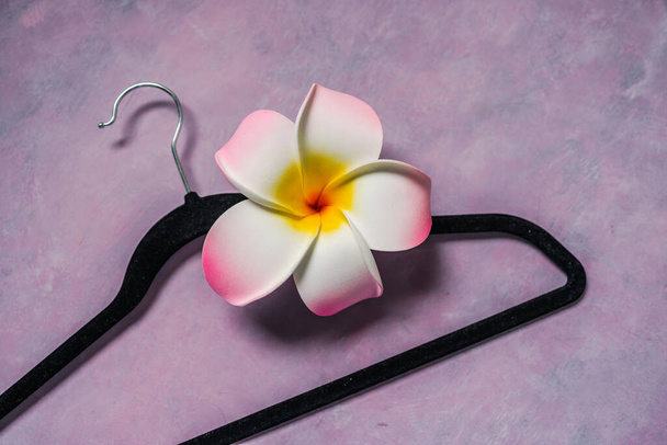 fashion and shopping, velvet clothes hanger on pink background with tropical frangipani flower next to it - Photo, Image