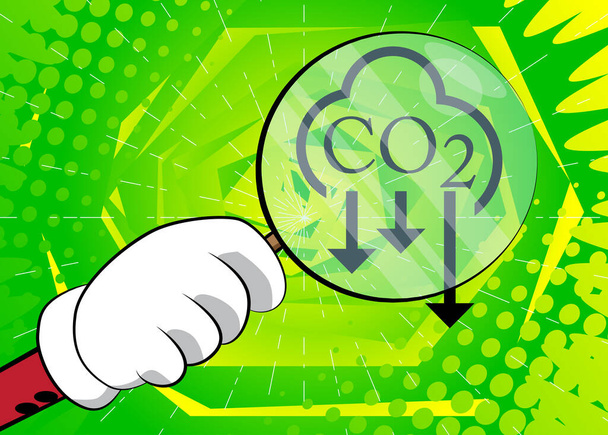 Znak emisji CO2, ikona dwutlenku węgla pod szkłem powiększającym ilustracja na tle komiksu. - Wektor, obraz