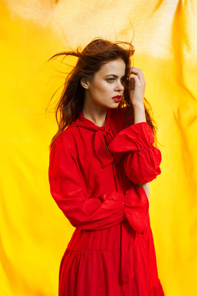 pretty woman in red dress nature yellow cloth on background - Фото, зображення