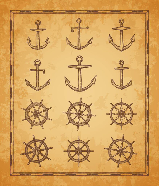Szkice kotwic i sterów, antyczne elementy wektorowe map. Papier pergaminowy ze starożytnymi kołami statku morskiego lub sterami łodzi żaglowych, sterami i kotwicami, nawigacją morską, piratami lub podróżami morskimi - Wektor, obraz