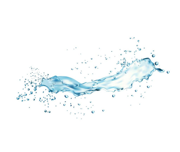 Transparent long water splash with drops, liquid blue clear aqua wave. Realistic 3D vector. Water flow with droplets of clean drink with ripples in motion and water pouring flow bubbles - Vector, Image