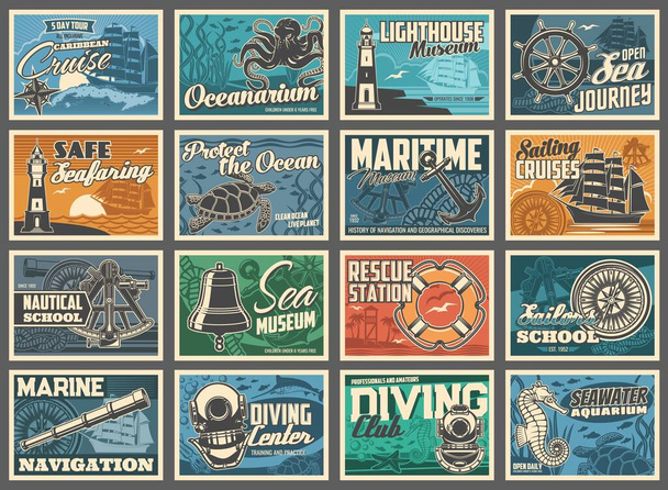 Морські плакати з якорем і маяком, морським дайвінгом і океанським круїзним, ретро вектором. Морський музей і рятувальна станція на пляжі, морський акваріум і океанаріум, матрос і військово-морська школа
 - Вектор, зображення