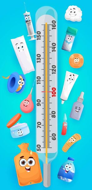 Cartoon medication, pills and drugs characters. Kids height chart, growth meter with cute clyster, patch, syringe and thermometer measurement scale. Cartoon vector wall sticker for baby height measure - Vector, Image