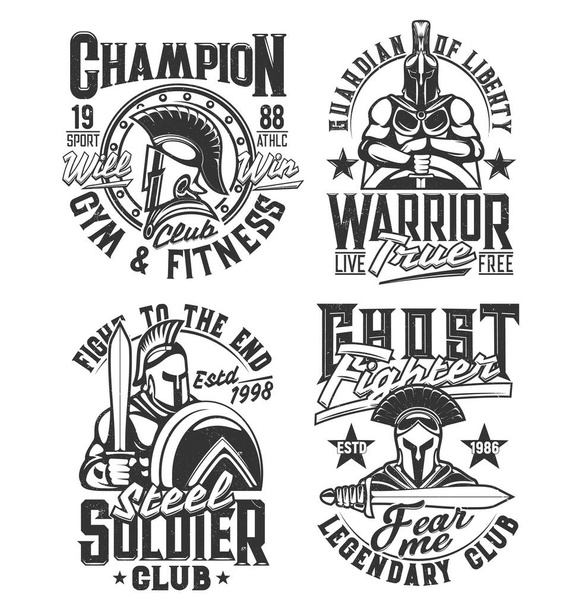Spartans, gladiators and Romans t-shirt prints. Gym, fitness and fighting club apparel custom design vector prints with ancient greek warriors in armor, armed xiphos short sword and shied - Vector, Image