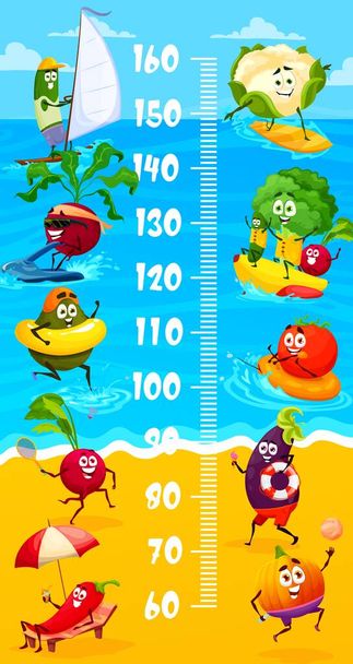 Légumes drôles en vacances d'été. Diagramme de taille pour enfants, mesure de croissance. Sticker mur vectoriel échelle avec dessin animé avocat, poivre, tomate et aubergine, choux et légumes personnages sur la plage - Vecteur, image