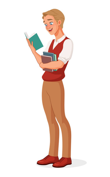 Jongeman die een interessant boek leest. Cartoon vector illustratie. - Vector, afbeelding