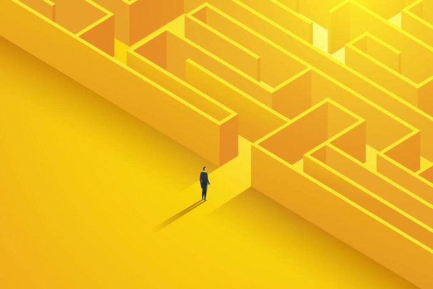 Businessman stands in front of the entrance to a large complex labyrinth. With challenges, decide to solve business problems, overcome the maze. and found success. Vector  illustration. - Vector, Image