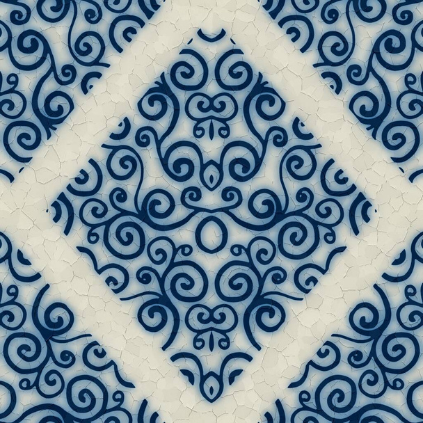 Бесшовная бело-голубая керамическая плитка декоративный рисунок дамаска для дизайна поверхности и печати - Фото, изображение