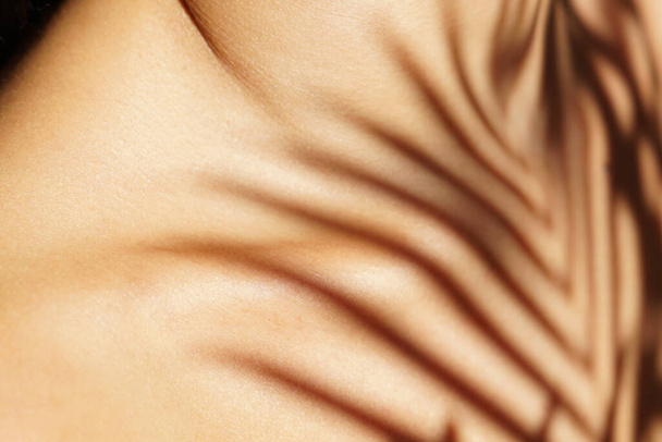A closeup shot of collar bones of a woman with a plant shadow - Фото, изображение