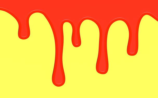 赤い塗料は黄色の背景に流れます。赤い液体だ。血の滴だ。赤い水が流れている。黄色の背景。水平画像。3D画像。3Dレンダリング. - 写真・画像