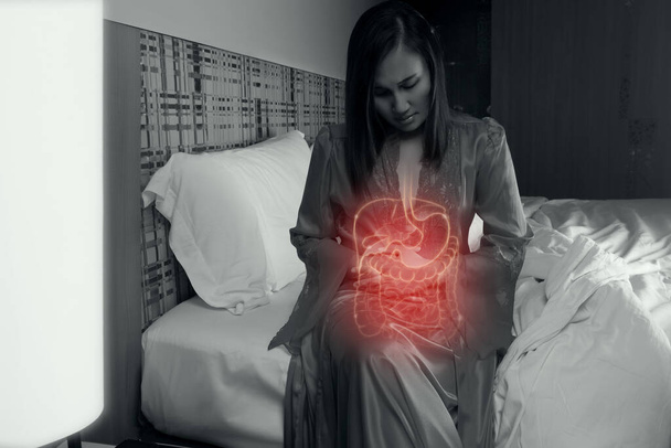 Ілюстрація внутрішніх органів знаходиться на тілі жінки. Ділова жінка торкається шлунку болючі страждання від ентериту. внутрішні органи людського тіла
. - Фото, зображення
