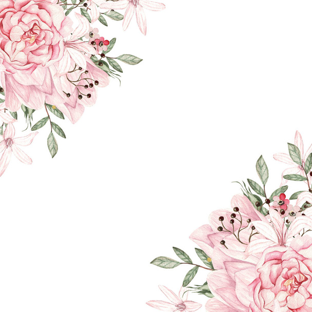Tarjeta de acuarela con rosas y flores de peonía. Ilustración - Foto, Imagen