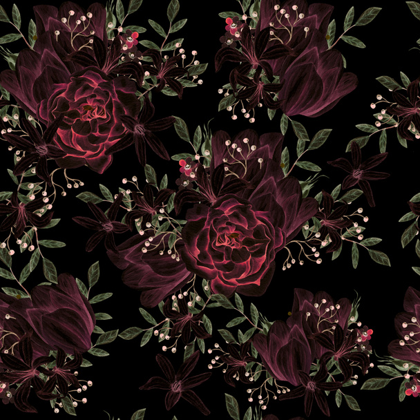 Υδατογραφία αδιάλειπτη μοτίβο με τριαντάφυλλα και παιώνιες λουλούδια. Εικονογράφηση. - Φωτογραφία, εικόνα