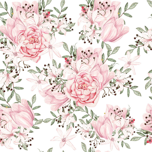 Watercolor seamless pattern with  roses and peony flowers. Illustration. - Photo, Image