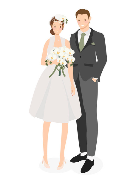 cute cartoon young wedding couple with Phalaenopsis orchid bouquet flat style - Vector, Image