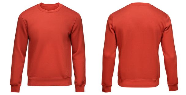 Red sweatshirt template. Pullover blank with long sleeve, mockup for design and print. Sweatshirt front and back view isolated on white background - Photo, Image