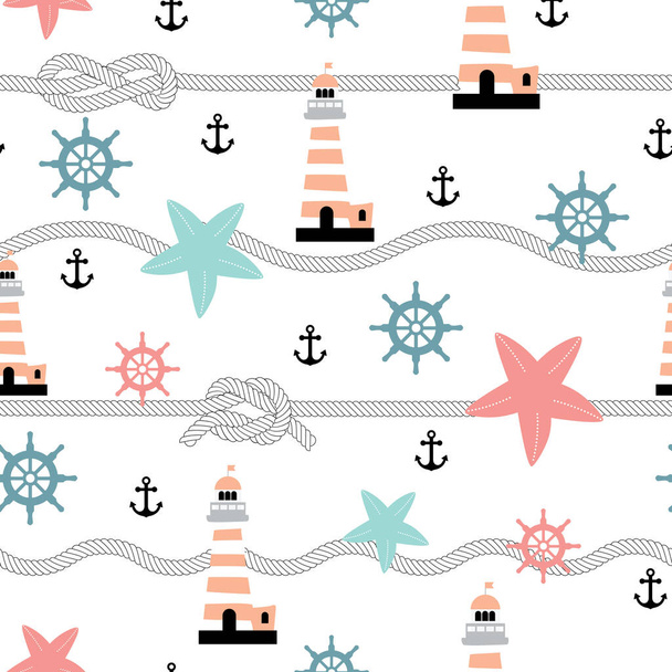 Maritime seamless repeat pattern with starfish, rope, lighthouse and anchor.Perfect for wrapping, textile and design projects, Vector illustration. - Vector, Image