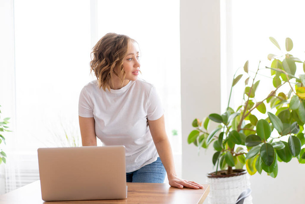 Business woman using laptop standing near desk white office interior with houseplant looking a side Business people Business person Online, Young and successful Dresed white shirt and jeans - Photo, image