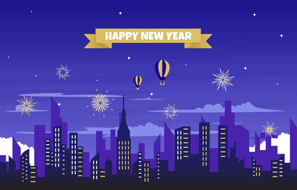 Noche Ciudad Edificio Feliz Año Nuevo Tarjeta de Celebración Vector Ilustración - Vector, Imagen