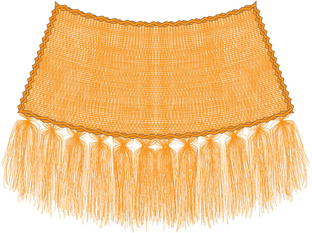 装飾波状のフレームとオレンジ、白の背景に隔離された茶色の柔らかい垂直タッセルフリンジと織壁ハンギングタペストリー。 - ベクター画像