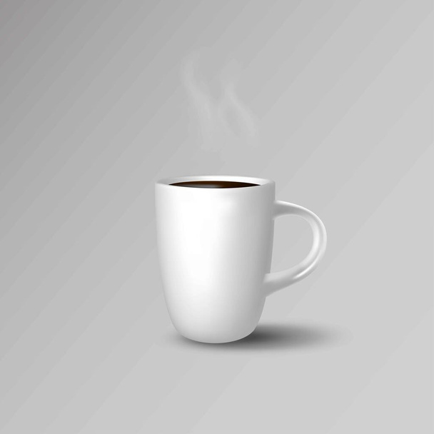 White realistic coffee cup with smoke isolated on grey background. Time to coffee - Vektör, Görsel