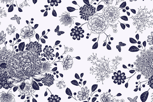 Vintage seamless pattern. Floral black and white background. Garden flowers and butterflies. Handmade graphics. Victorian style. Textiles, paper, wallpaper decoration. Ornamental cover. Vector. - Vektor, obrázek