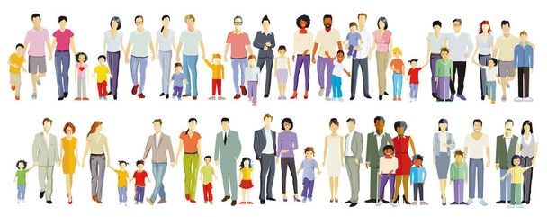 Pais e filhos, famílias grupos isolados sobre branco, ilustração - Vetor, Imagem