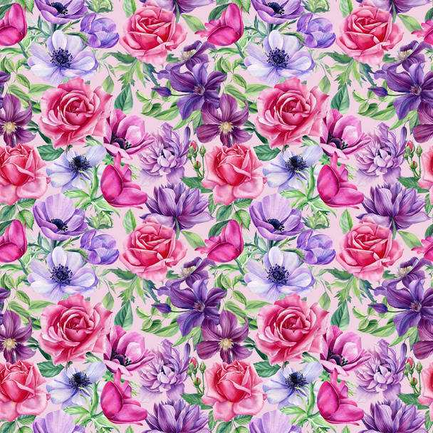 Violet και ροζ λουλούδια σε ροζ φόντο. Ανεμώνες, κληματίδες, τριαντάφυλλα υδατογραφία. Floral μοτίβο χωρίς ραφή - Φωτογραφία, εικόνα